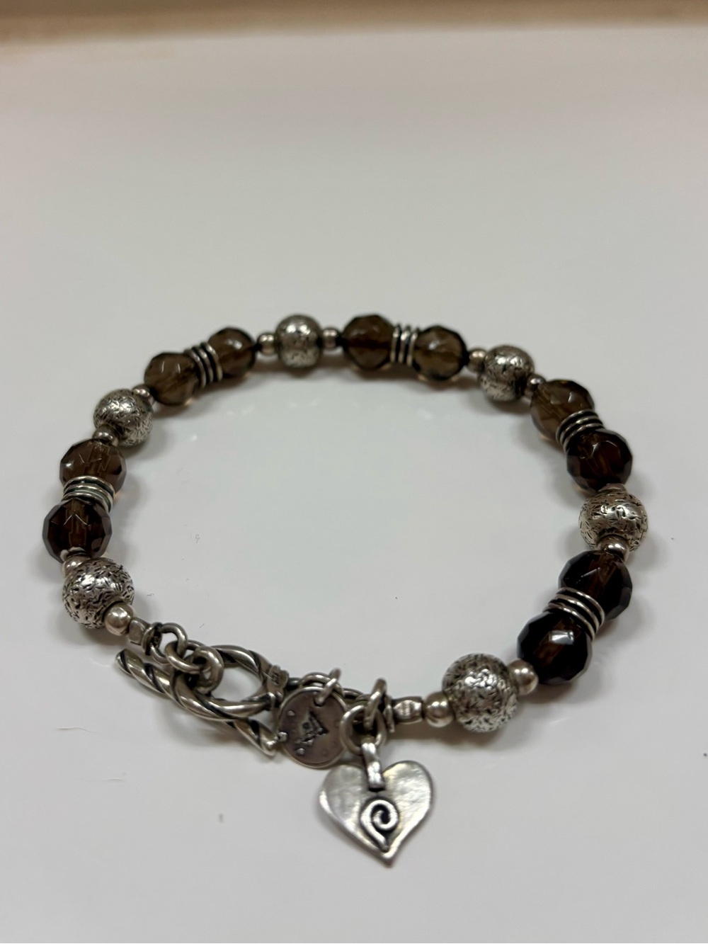 Silpada 925 Sterling Smoky Quartz Beaded Toggle Heart Charm Bracelet B1477